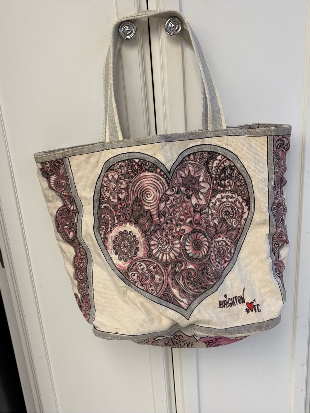 Brighton Cream Tote with Pink and Gray Heart Motif